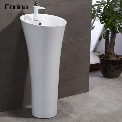 Hot selling stone resin Rectangular pedestal wash basin floor standing pillar wash basin